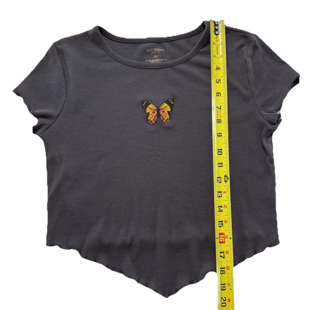 Arizona Jean Co Juniors XL Gray Ribbed Crop Top Butterfly Embroidered Stretch - Picture 5 of 7